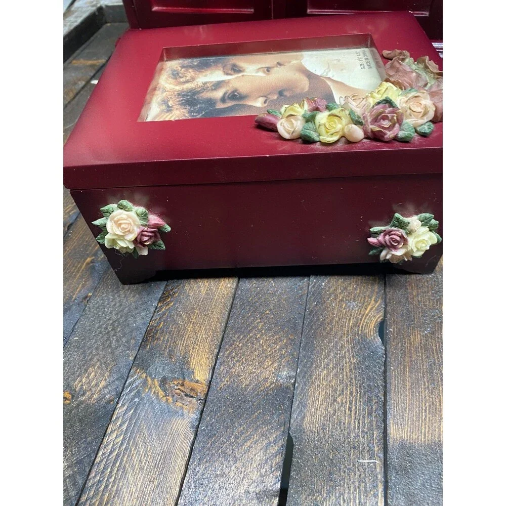 Set 2 Red Wood 4 Drawer Jewelry Chest With Resin Flowers And Trinket Photo Box
